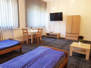 ルブリンにあるmHostel24のベッド2台、テーブル、テレビが備わる客室です。
