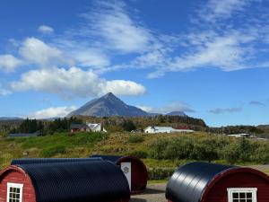 a mountain in the distance with buildings and domes at Framtid Camping Lodging Barrels in Djúpivogur