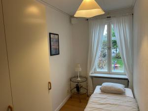 a small bedroom with a bed and a window at Entire 4 rooms Cozy apartment in central Älmhult in Älmhult