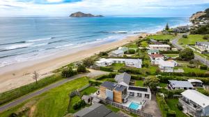 an aerial view of a beach with houses at The Whyte House - Waimarama Beachfront in Waimarama