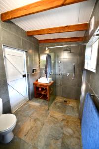 a bathroom with a shower and a toilet at Bobinga Peksan in Sedgefield