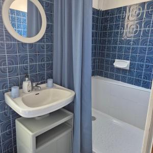 a bathroom with a sink and a mirror and a shower at Chez Armande in Châtel-Guyon