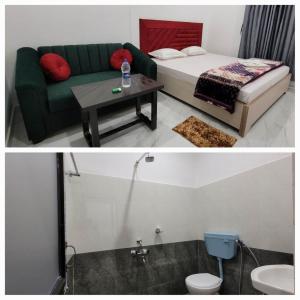 a living room with a couch and a bed and a table at The Western Lodge in Narjon Basti