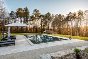 a swimming pool with an umbrella and two chairs at Domaine Le Rucher des Combes in Fleurac