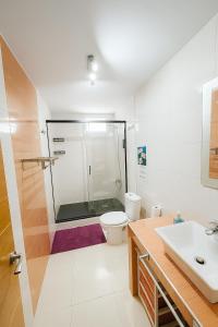 une salle de bains avec douche, toilettes et lavabo dans l'établissement Villa De Lujo Benidorm Vista al mar, à Finestrat