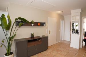 a living room with a table and a potted plant at Ferienwohnung Hilda in Overath