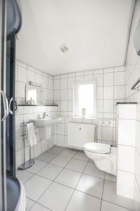 a white bathroom with a toilet and a sink at Ferienapartments in Schierke am Brocken direkte Wanderweglage in Wernigerode +62 photos