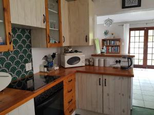 a kitchen with wooden cabinets and a microwave at Glen Valley Cottage in Glencairn +25 photos