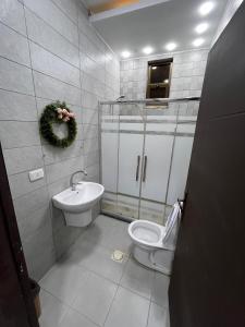 a bathroom with a toilet and a sink at Al Zain Chalet - Private Pool in Al Kafrayn