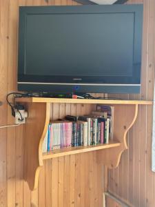 a flat screen tv on a wooden shelf with books at Sielankowy Domek in Istebna