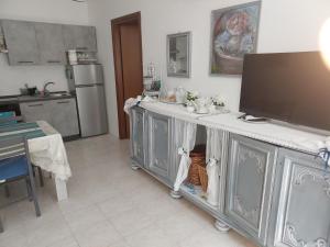 a kitchen with a counter with a tv on it at Il Nibbio in Vecchiano