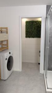 baño con lavadora y pared verde en Apartment - Dürer Blick, en Mühlhausen 8 fotos más