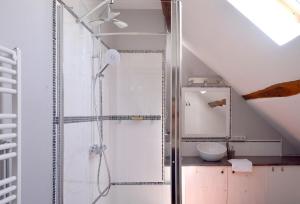 a bathroom with a shower with a toilet and a sink at La Serenidad in Denonville