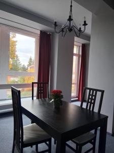 a dining room table with chairs and a vase of flowers on it at Šiluvos Svaja in Šiluva