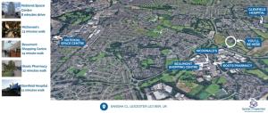Un mapa de la ciudad de Melbourne con puntos de referencia en Syster Properties Spacious Glen Meadows Sangha Close, en Leicester