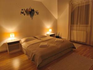 a bedroom with a large bed and two night stands at The Other House in Miercurea-Ciuc