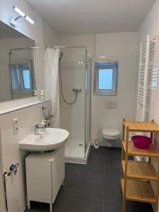 Un baño con lavabo, ducha e inodoro. en F 2 - 2 Zimmer Wohnung, en Offenbach