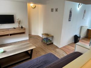 a living room with a couch and a tv on a wall at Appartement campagne normande in Athis
