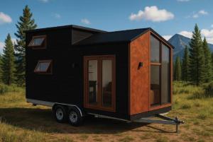a black tiny house on a trailer in a field at Tiny Escape in São Miguel do Mato