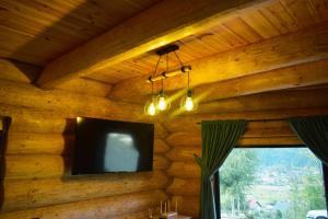a flat screen tv hanging from a wooden wall at Cabana Cristi in Vatra Dornei
