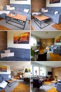 four pictures of a living room with a blue couch at Harz-Fewo-Wolf in Bad Harzburg