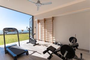 a gym with cardio equipment in a room with a large window at Luxury Villa Forte dei Marmi I Gym & View in Strettoia