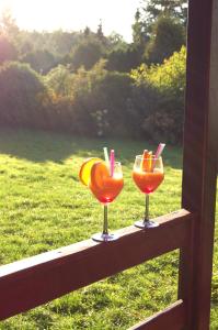 two cocktails in glasses sitting on a window sill at Domek Zofiówka dostęp na kod in Zofiówka +26 photos