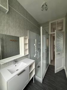 a bathroom with a white sink and a shower at Villa la surprise in Le Tréport +45 photos