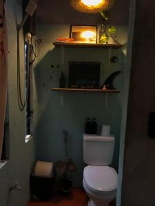 a bathroom with a toilet and a shelf on the wall at The Art House in Villasis +18 photos