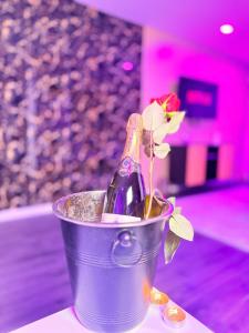 a bottle of wine in a bucket with a plant at Les Suites Bisous Metz - Jacuzzi & Private Sauna in Metz