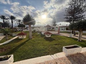 a park with benches and palm trees and the sun at Secret Bungalow, Los Arcos in San Bartolomé