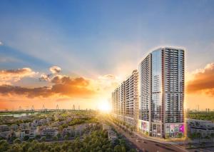 a rendering of a tall apartment building at sunset at The Luxe Collection Sun Avenue Riverside District 2 Suite in Ho Chi Minh City