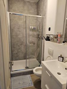 a bathroom with a shower and a toilet and a sink at Appartement diamant in Brussels