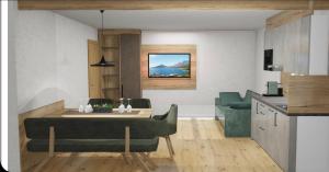 a kitchen and a living room with a table and chairs at die Harmonie in Nauders