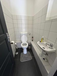 une petite salle de bain avec toilettes et lavabo dans l'établissement 4 hálószobás Pihenj Meg Vendégház, à Nyíregyháza 56 autres photos