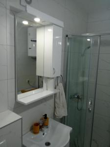 a bathroom with a sink and a shower with a mirror at Vido in Belgrade