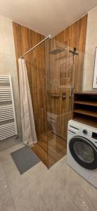 a bathroom with a shower and a washing machine at Apartmanica apartments in Galileo, Donovaly, Low Tatras in Donovaly +23 photos