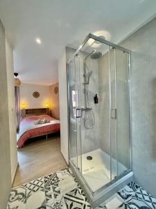 a bathroom with a shower and a bedroom at Le cœur des princes in Montbéliard