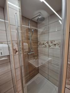 a shower with a glass door in a bathroom at Farm Stay Šolinc in Laško +74 photos
