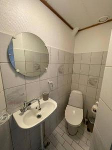 Un baño con inodoro, lavabo y espejo. en Valby family apartment, en Copenhague
