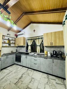 una gran cocina con electrodomésticos de acero inoxidable y techos de madera. en Casa Pescarului JIM, en Cuptoare