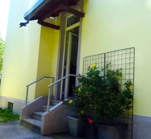 a building with stairs and a plant in front of it at Adda River Tower Room in Calolziocorte