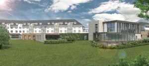 eine Darstellung eines großen Gebäudes mit einem Hof in der Unterkunft The Hawthorn by Galway Bay in Oranmore