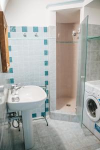 a bathroom with a sink and a washing machine at Cascina Bringin in Mondovì