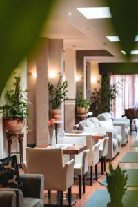ルッカにあるHotel Carignanoのテーブルと椅子と鉢植えのあるレストラン
