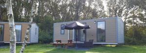 a tiny house with a picnic table and an umbrella at Chalet 4 persoons in Hoogersmilde +4 photos