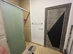 马萨阿拉姆Mazari的浴室里有玻璃门的淋浴间