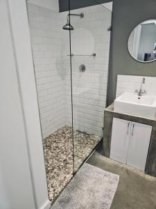 een badkamer met een douche en een wastafel bij Blouberg Rise Cottage in Kaapstad