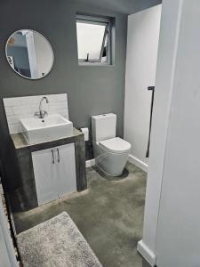 een badkamer met een toilet, een wastafel en een spiegel bij Blouberg Rise Cottage in Kaapstad