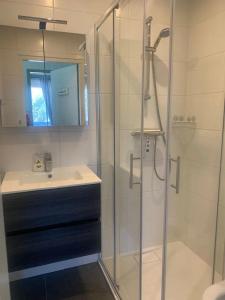 a bathroom with a glass shower and a sink at Bungalow 049 in Petten +8 photos